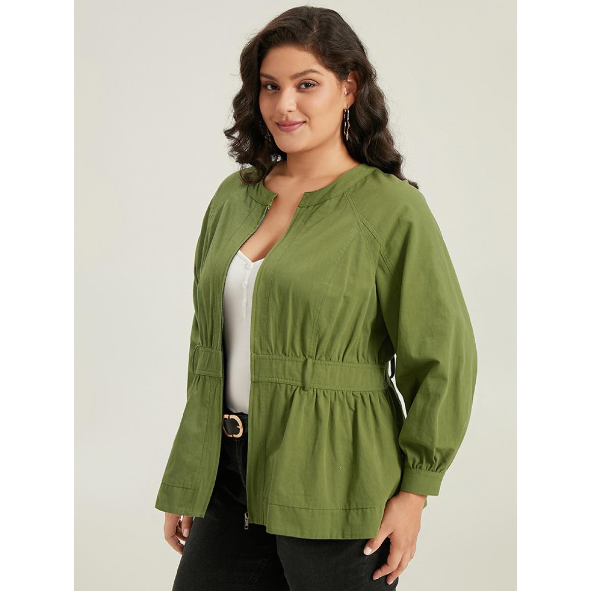 Plus Size Solid Gathered Detail Belted Zipper Fly Coat Women Moss Casual Gathered Ladies Dailywear Winter Coats BloomChic 26/4X Product Image