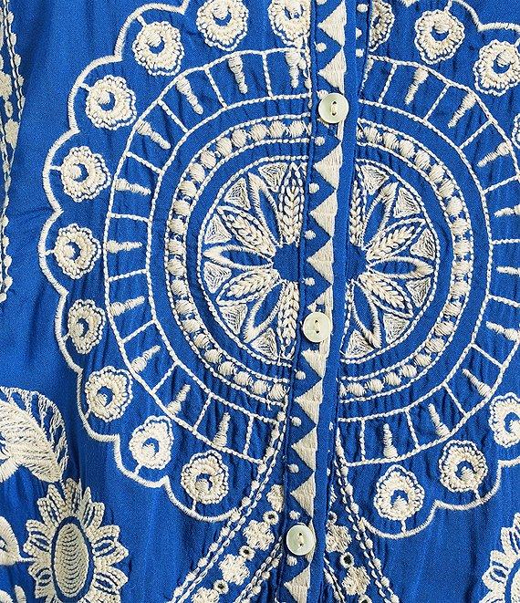 JOHNNY WAS Embroidered Floral Round Neck Long Puff Sleeve Button Front Blouse Product Image