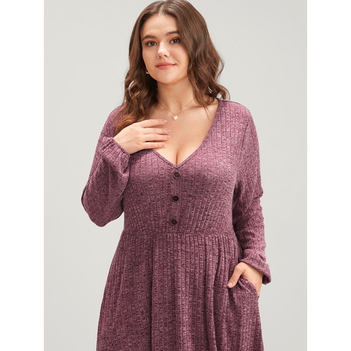 Plus Size Solid Button Detail Pocket Rib Knit Flutter Dress Burgundy Women Casual Elastic Waist V-neck Long Sleeve Curvy Midi Dress BloomChic 14-16/1X Product Image