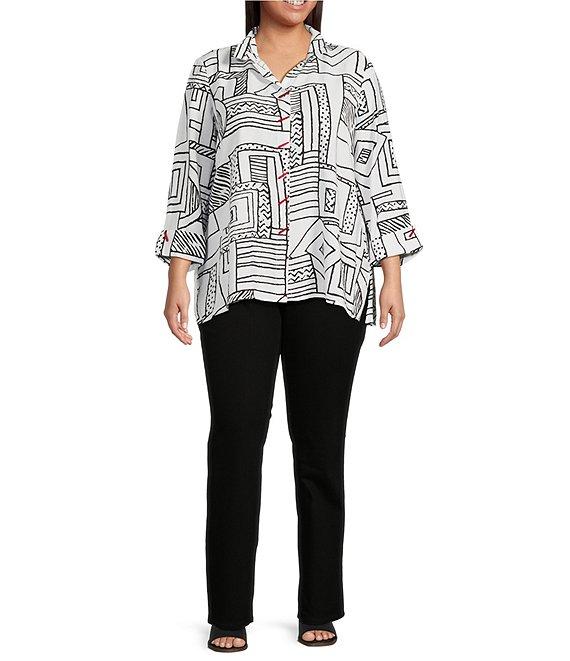 Ali Miles Plus Size Printed Woven Wire Collar 3/4 Sleeve Button-Front Blouse Product Image