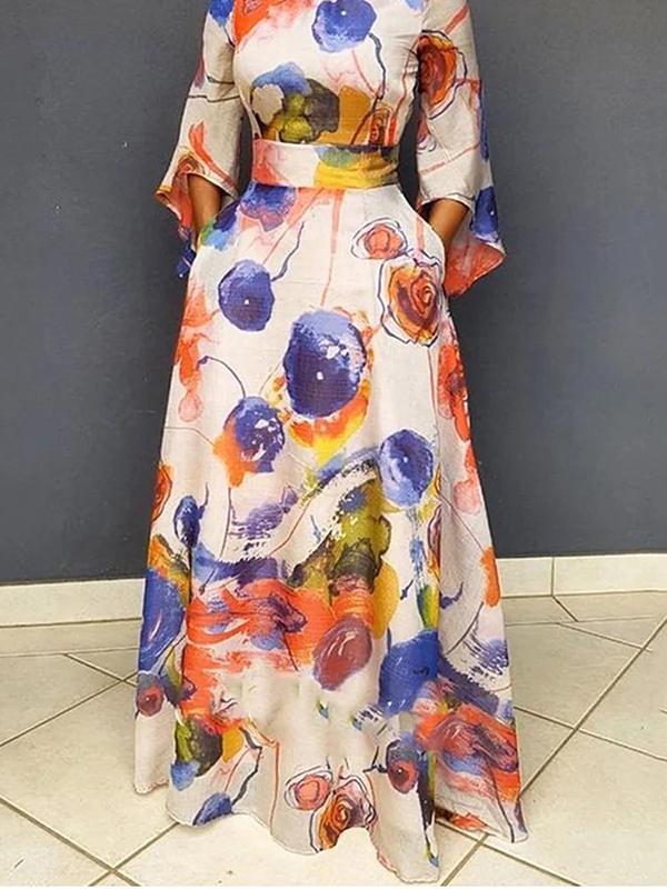 High Waisted Loose Contrast Color Pockets Round-Neck Maxi Dresses Product Image