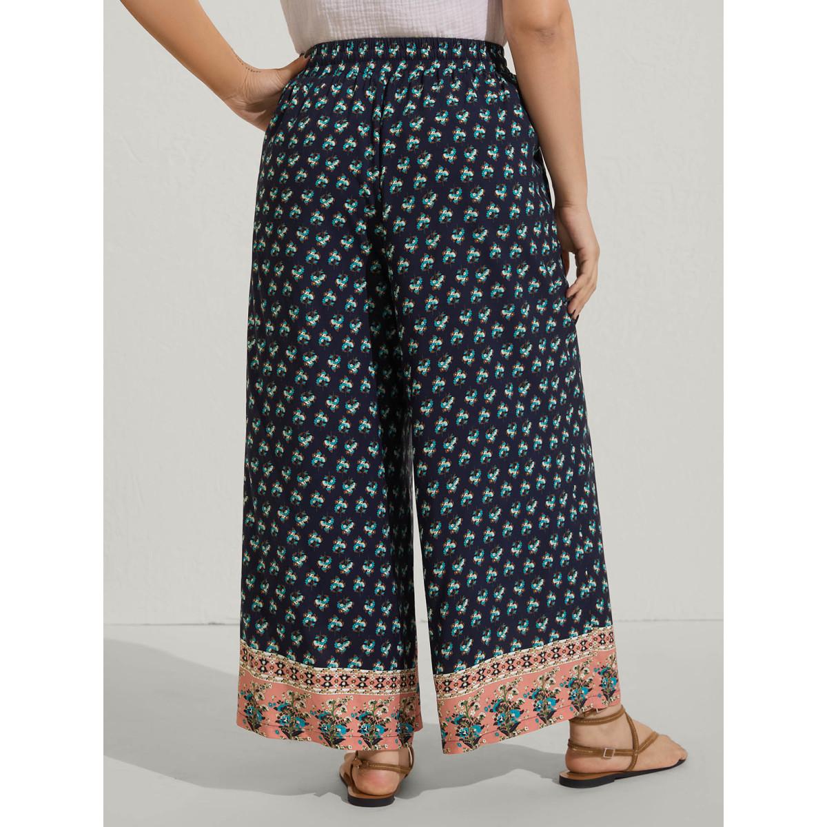 Plus Size Boho Stretchy Waist Wide-Leg Pants Women Multicolor Beach Wide Leg Mid Rise Vacation Pants BloomChic 10/M Product Image