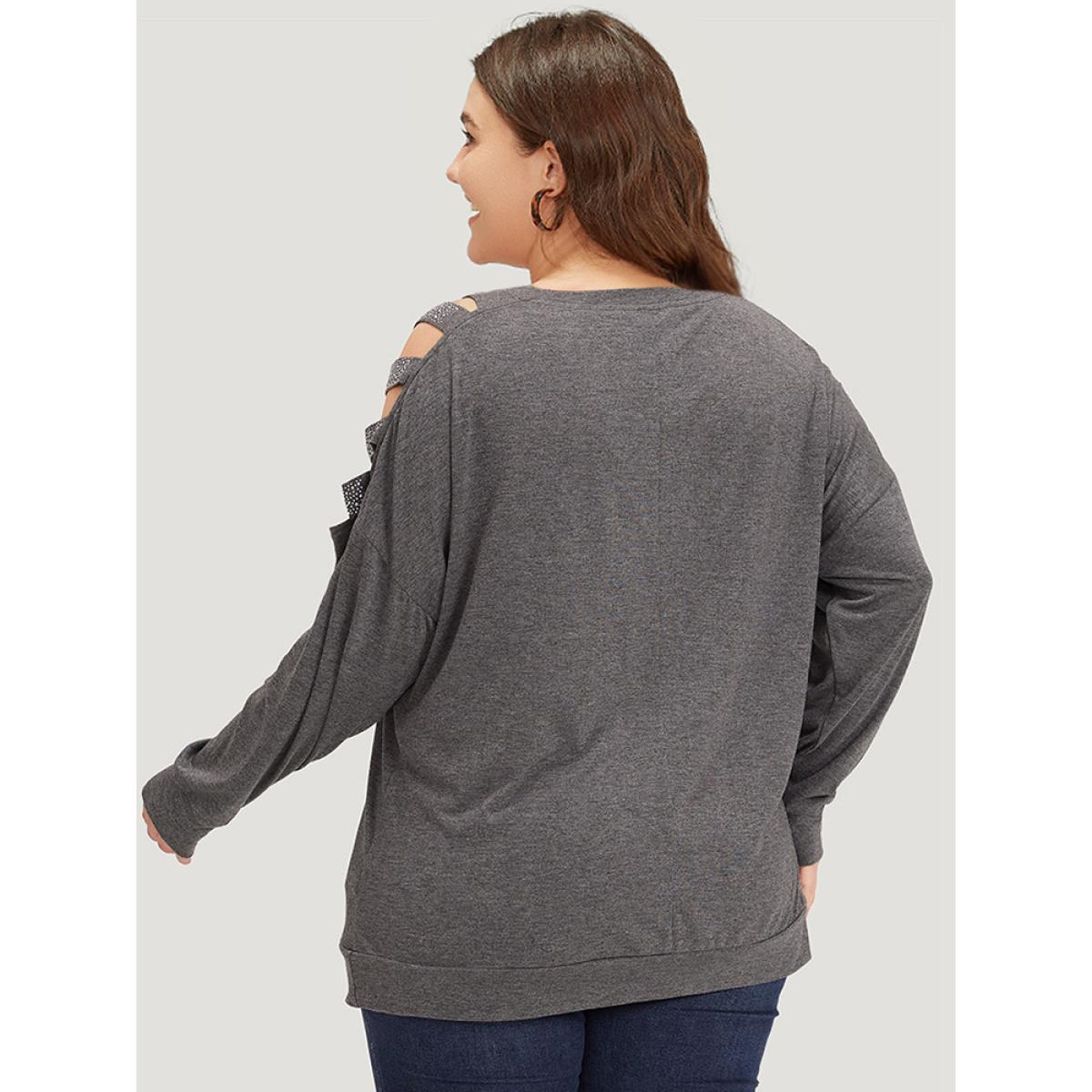 Plus Size Rhinestone Detail Hollow Out V Neck Long Sleeve T-shirt DimGray Women Casual Cut-Out Plain V-neck Dailywear T-shirts BloomChic 14-16/1X Product Image