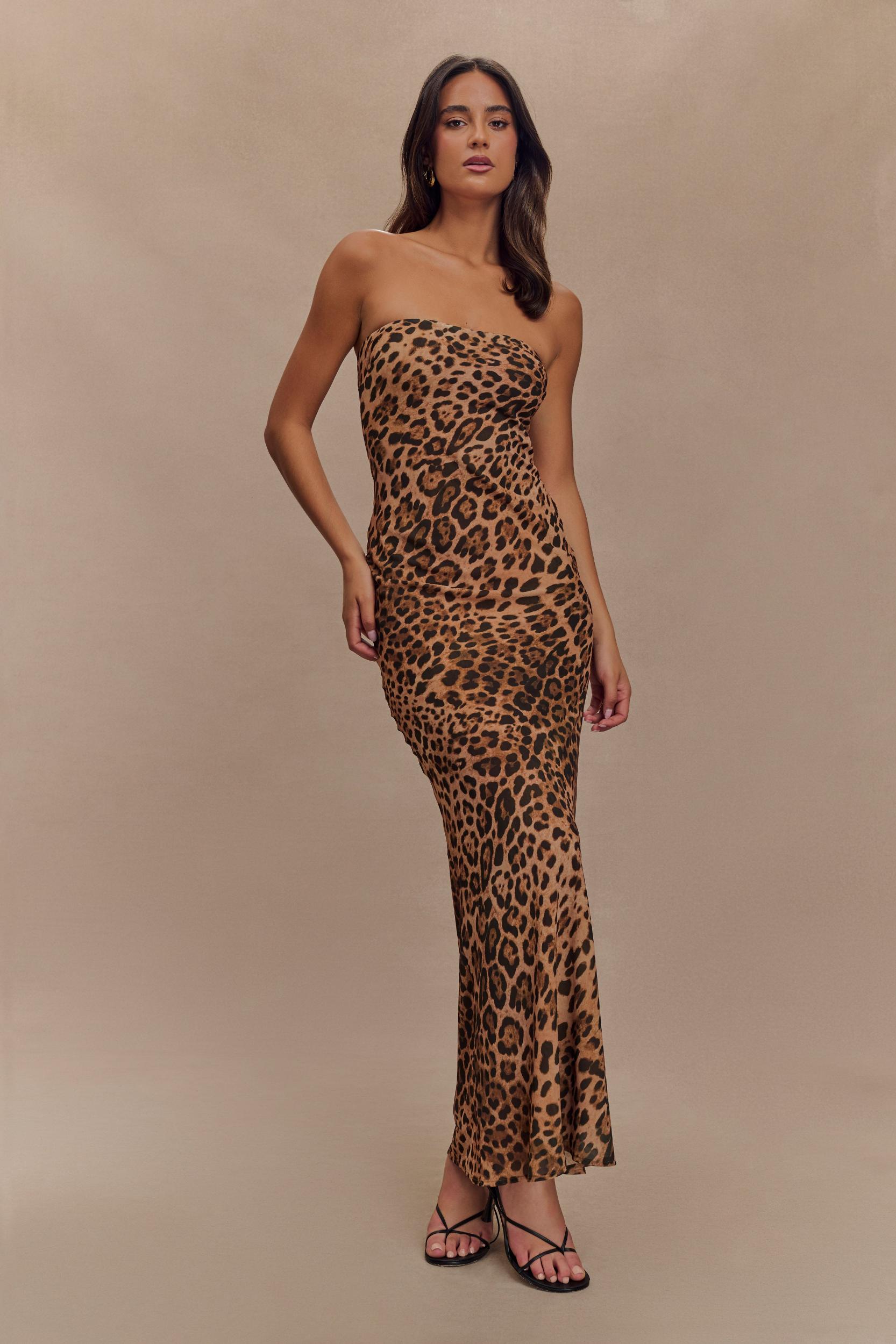 Breanna Strapless Chiffon Maxi Dress - Leopard Print Product Image