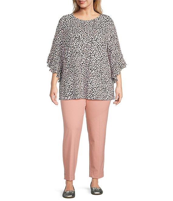 Multiples Plus Size Slub Knit Georgette Animal Print Scoop Neck 3/4 Flounce Sleeve Fitted Top Product Image