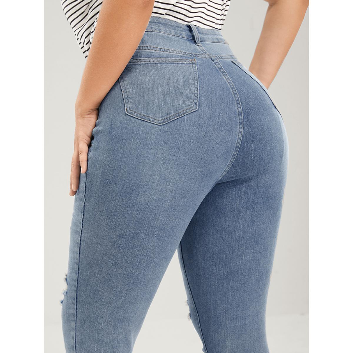 Plus Size Skinny Very Stretchy Mid Rise Light Wash Distressed Jeans Women Blue Casual Plain Distressed High stretch Pocket Jeans BloomChic 22/3X Product Image