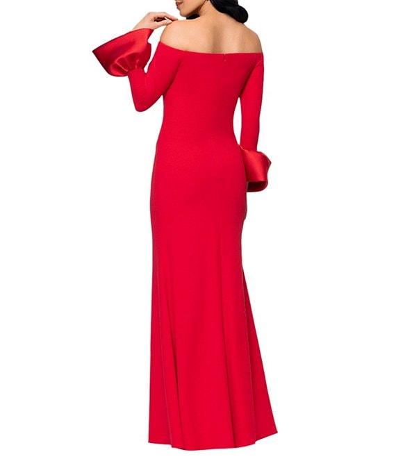 Betsy & Adam Off-The-Shoulder Mikado Bell Sleeve Side Ruched Scuba Crepe Sheath Gown Product Image