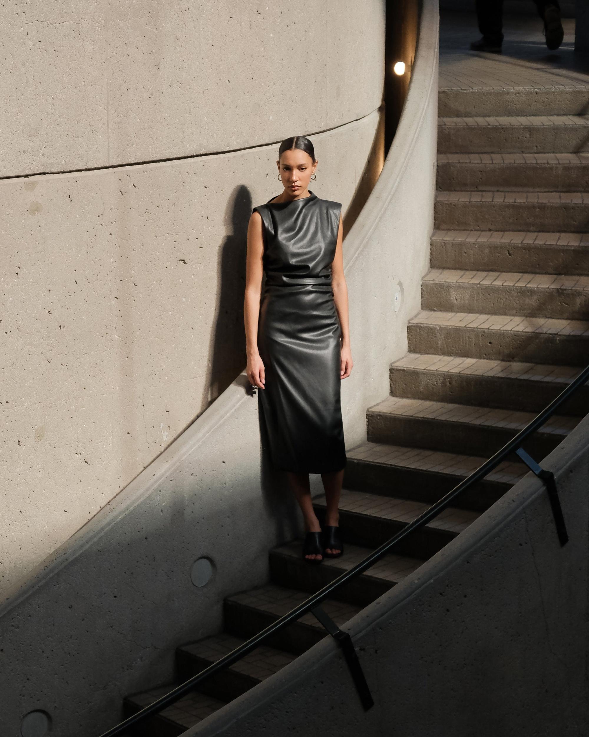 Channing Vegan Leather Wrap-Neck Dress Product Image