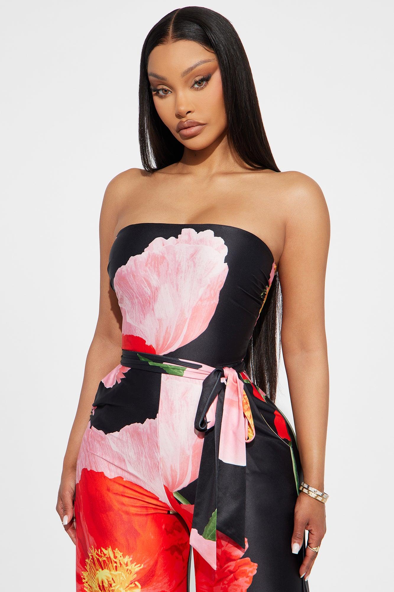Falling Flower Wide Leg Strapless Jumpsuit - Black/combo Product Image