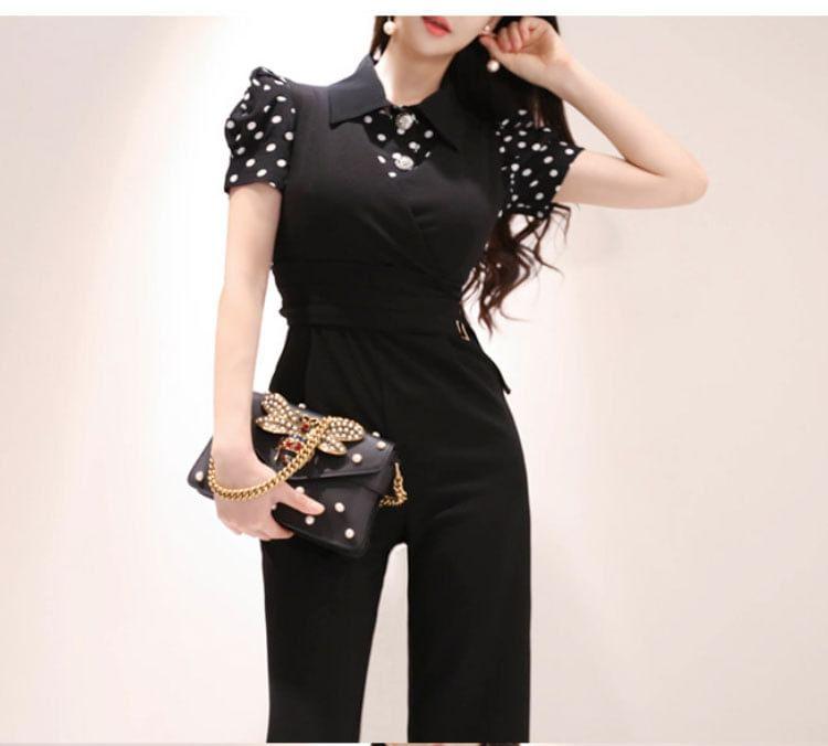 Set: Short-Sleeve Collared Dotted Button Up Blouse + V-Neck Plain Straight Leg Jumpsuit Product Image