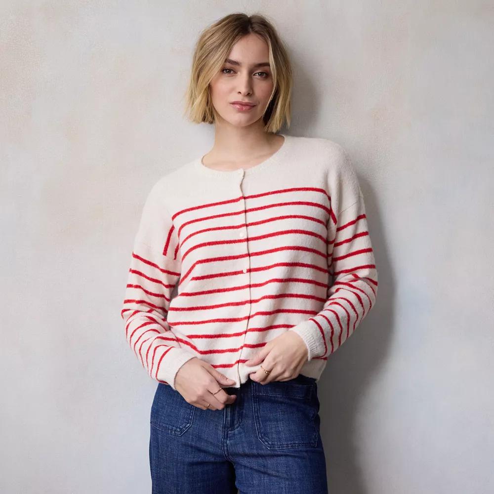 Petite LC Lauren Conrad Button Front Sweater, Women's, Size: Small Petite, Red Bayside Stripe Product Image