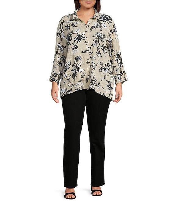 Ali Miles Plus Size Pucker Woven Printed Wire Collar 3/4 Sleeves Button Front Shirt Product Image