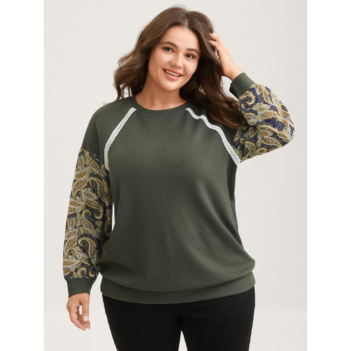 Plus Size Paisley Sleeve Textured Contrast Sweatshirt Women ArmyGreen Woven ribbon&lace trim Round Neck Casual Sweatshirts BloomChic 18-20/2X Product Image