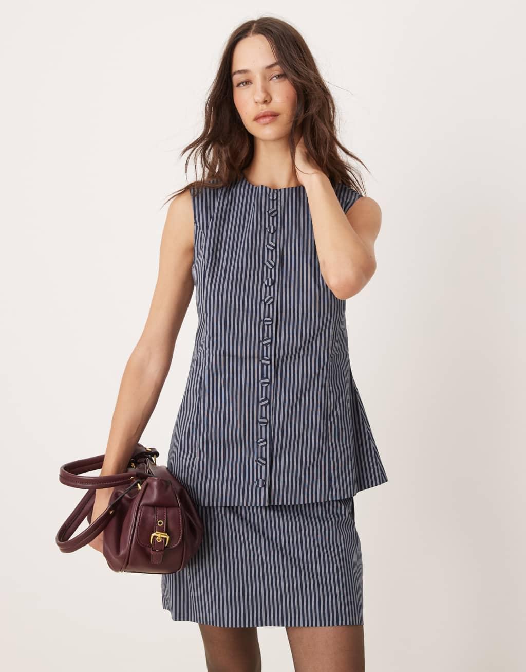 Glamorous button up fitted vest in dark navy stripe - part of a set Product Image