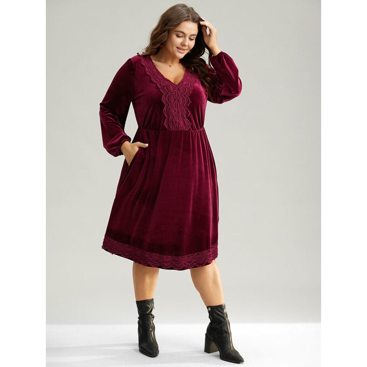 Plus Size Velvet Lace Panel Elastic Cuffs Dress Burgundy Women Elegant Elastic cuffs V-neck Long Sleeve Curvy Midi Dress BloomChic 12/L Product Image