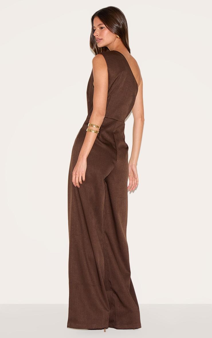Chocolate Woven One Shoulder Wide Leg Jumpsuit Product Image