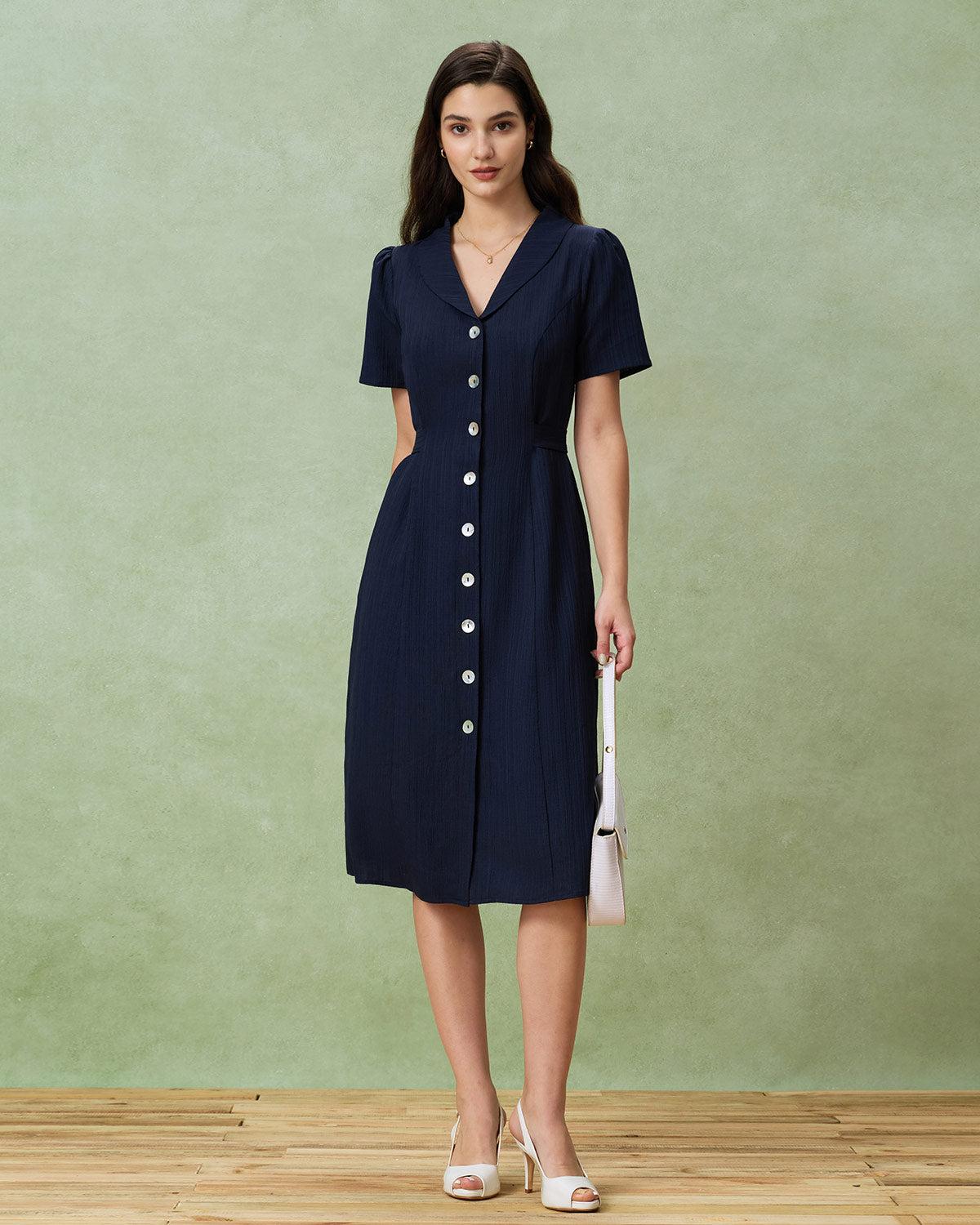 Navy Button A-Line Pocket Midi Dress Product Image
