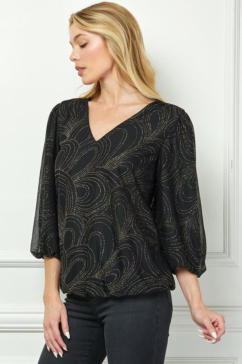 3/4 Button Tab Sleeve Pintuck Mandarin Collar Popover Blouse in Black Product Image