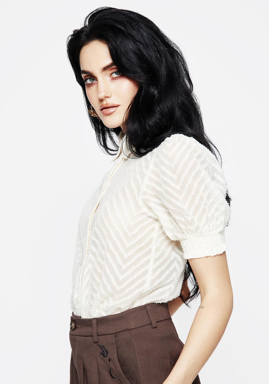 Chevron Button Up Blouse Top - White Product Image