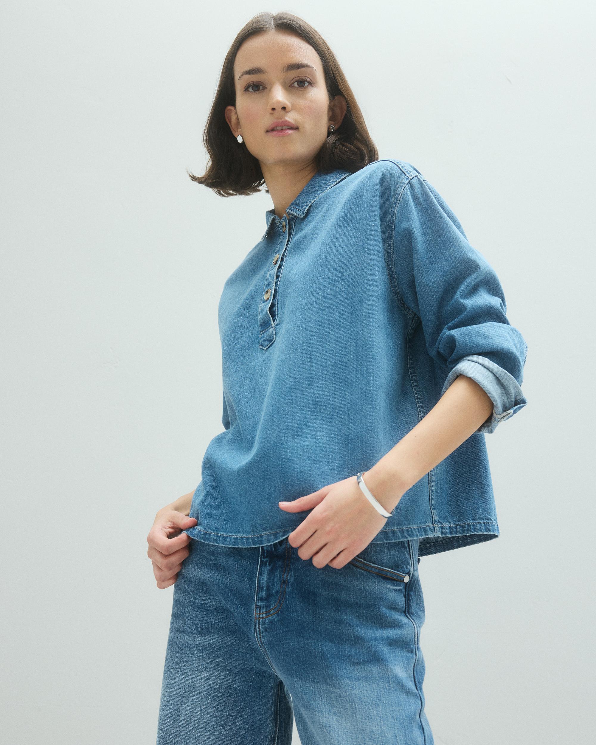 Quince | Women's Distressed Denim Popover Shirt Organic Cotton Product Image