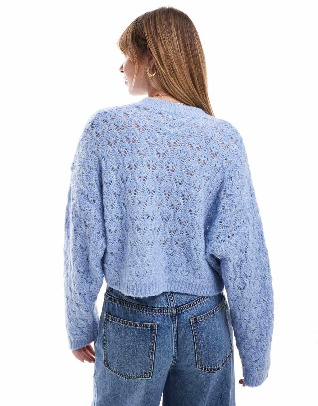 Miss Selfridge pretty pointelle stitch sweater in soft blue Product Image