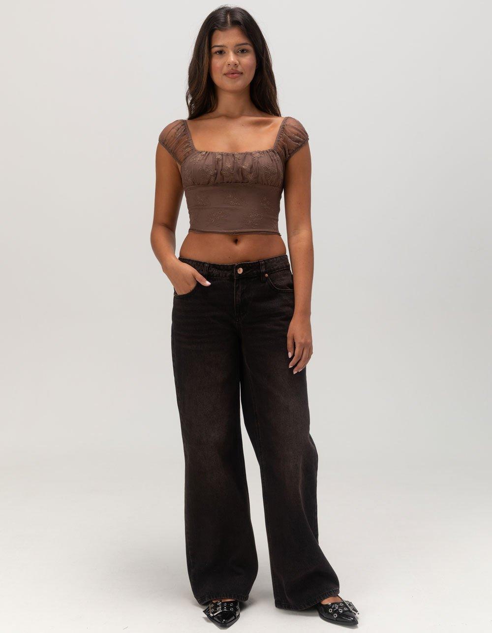 FULL TILT Rouched Lace Womens Top - BROWN Product Image