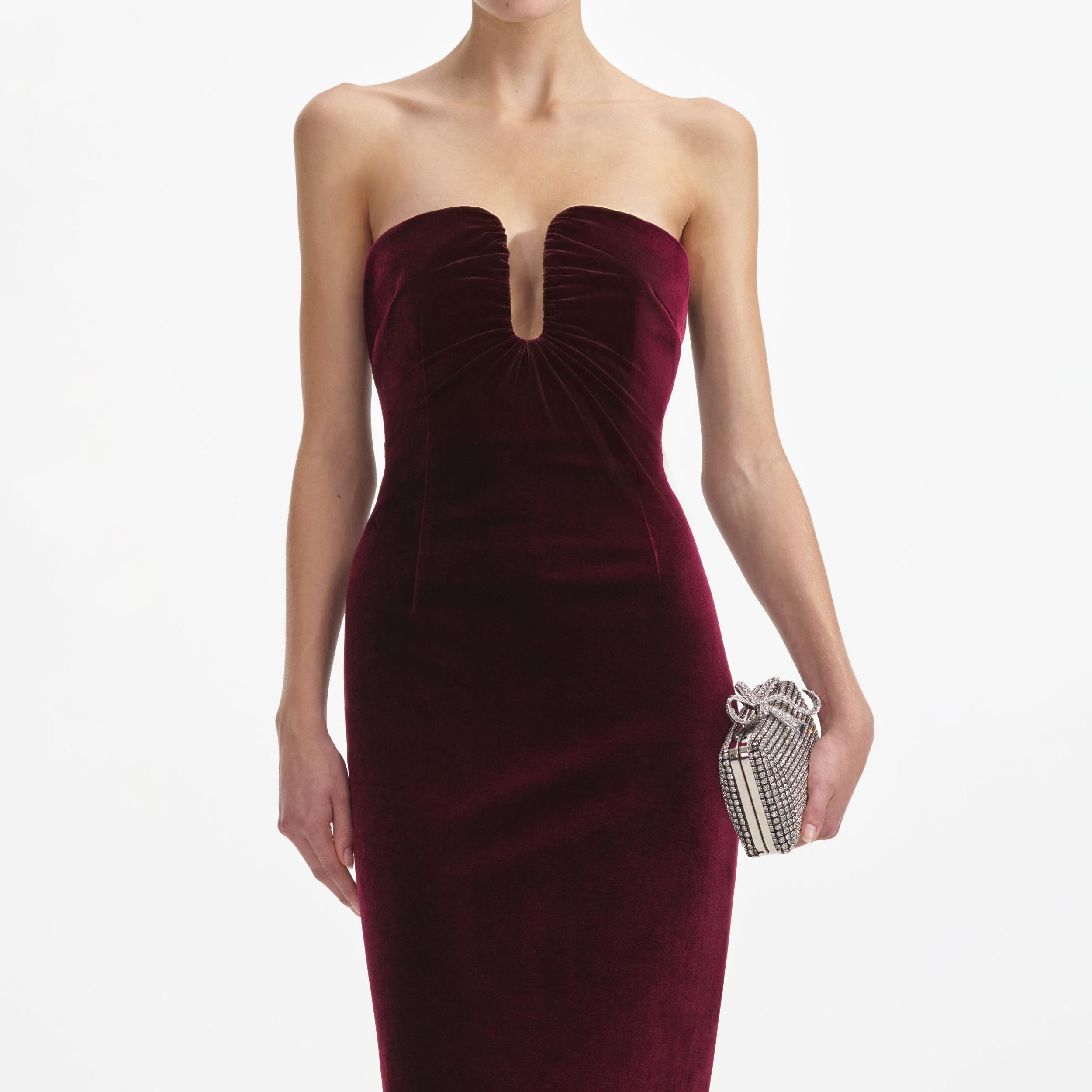 Burgundy Velvet Midi Dress Product Image