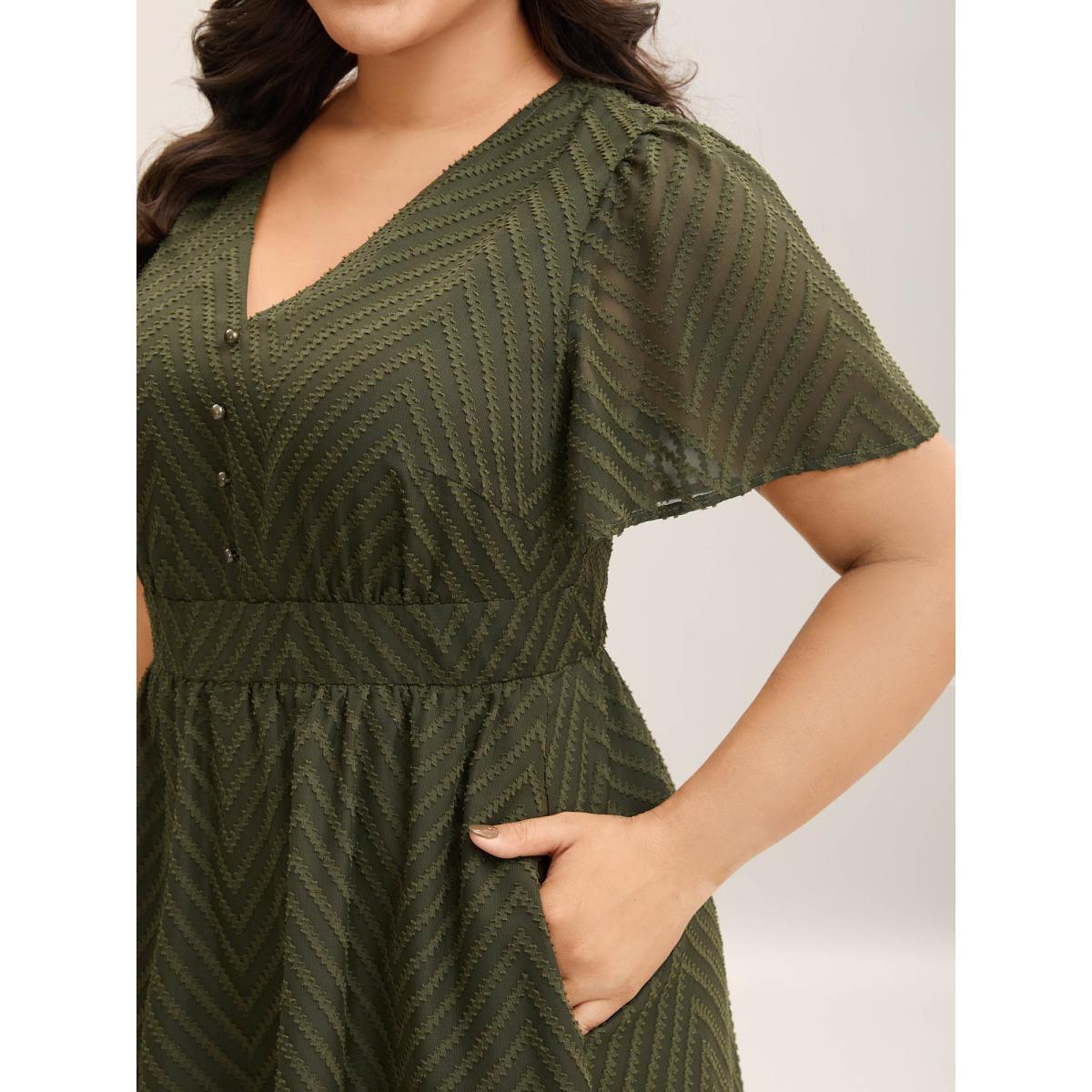 Plus Size Textured Woven-Like Cinched-Waist Midi Dress ArmyGreen Women Timeless V-neck Short sleeve Curvy BloomChic 22-24/3X Product Image