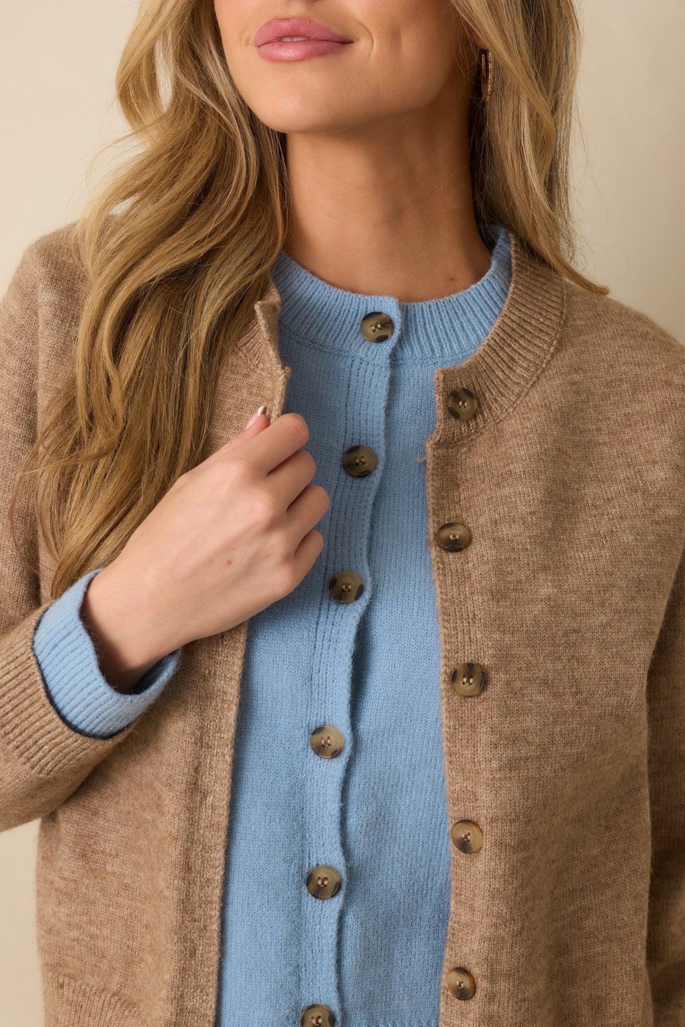 Let It All Unfold Light Mocha Faux Layered Button Front Knit Cardigan Product Image