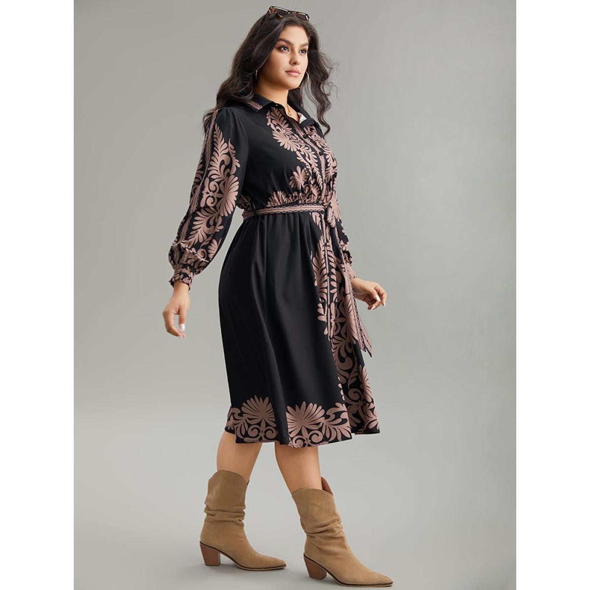 Plus Size Boho Print Shirt Collar Belted Dress Black Women Vacation Belted Shirt collar Long Sleeve Curvy Midi Dress BloomChic 28/5X Product Image