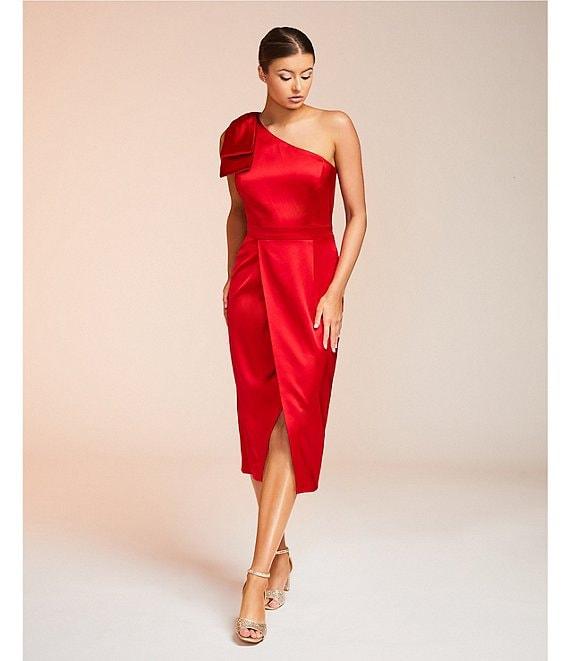 Alex Marie Molly Satin Asymmetrical One Bow Shoulder Sleeveless Faux Wrap Split Hem Sheath Midi Dress Product Image