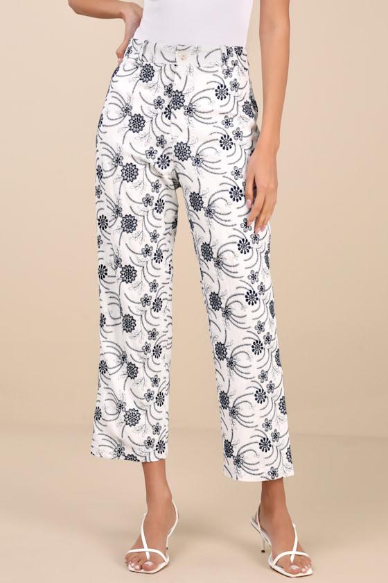 Auroria White Embroidered High-Rise Cropped Pants Product Image