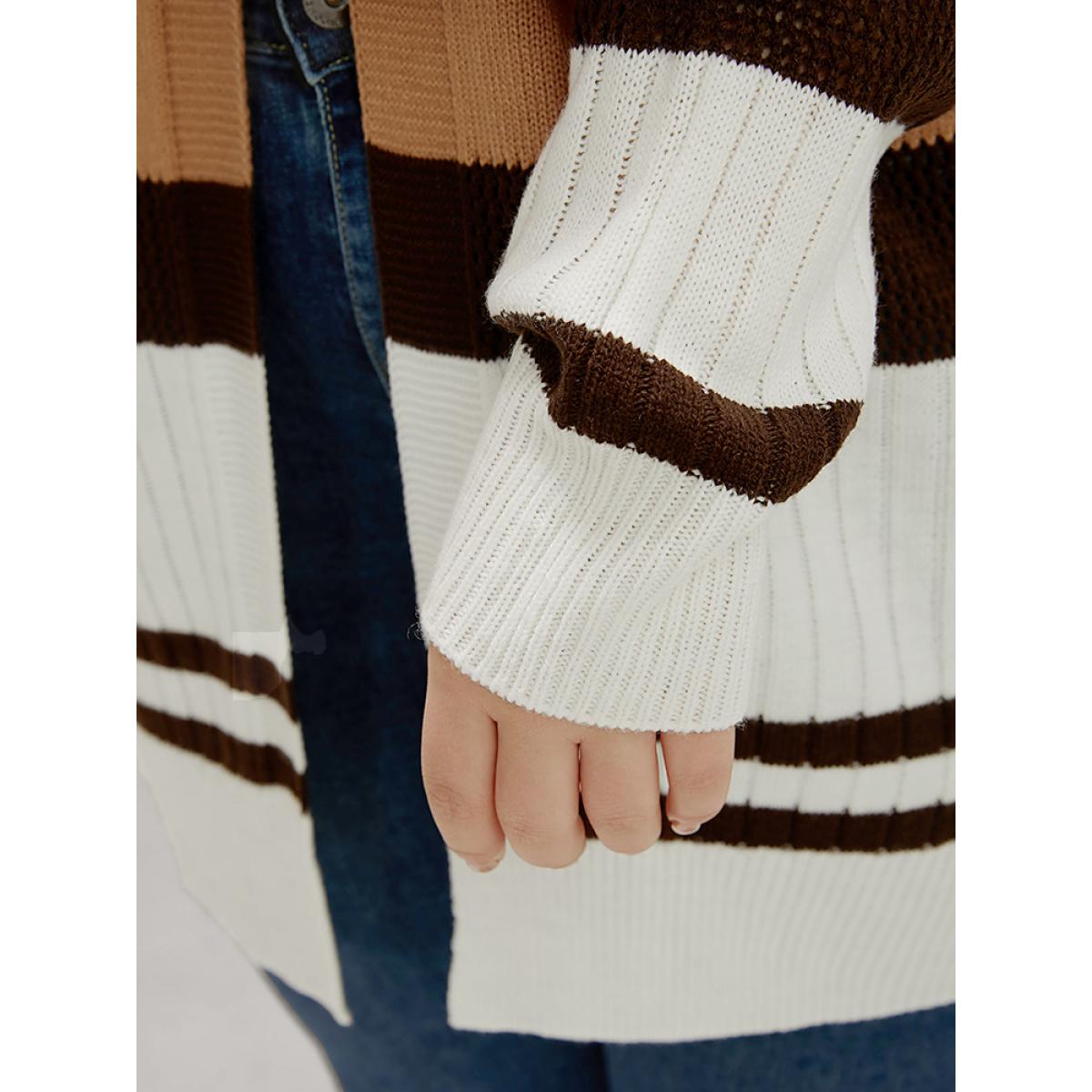 Plus Size Colorblock Contrast Pointelle Knit Eyelet Open Front Cardigan Multicolor Women Casual Loose Long Sleeve Dailywear Cardigans BloomChic 10/M Product Image