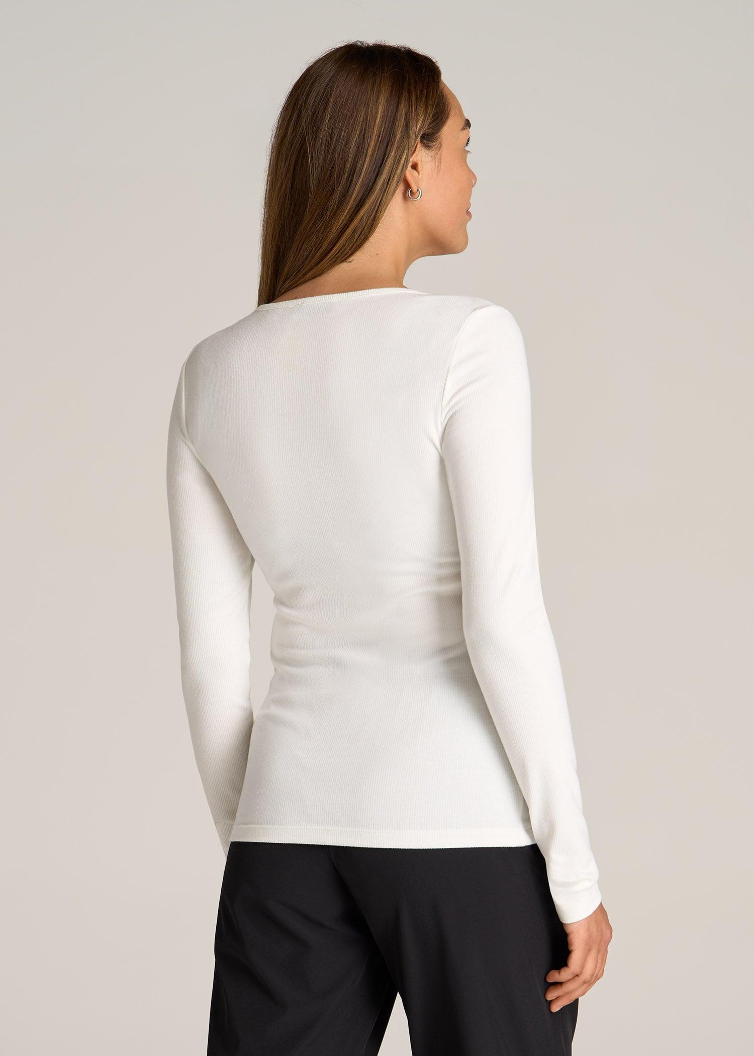 Long Sleeve Ribbed Crewneck Henley Shirt for Tall Women in Cream Female Product Image