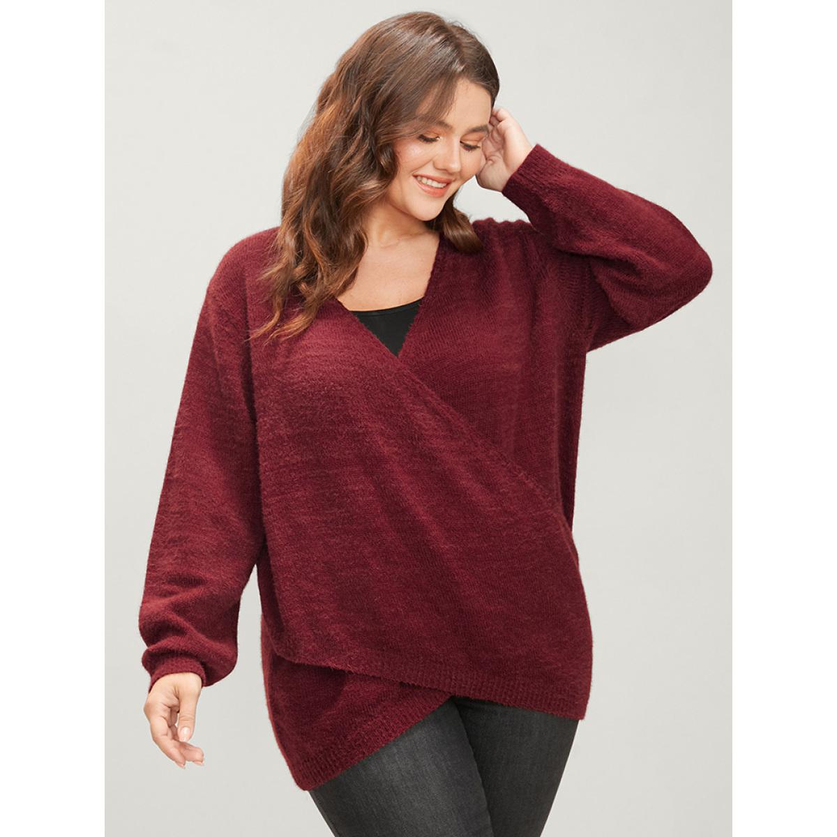 Plus Size Solid Soft Plush Knit Crossover Hem Knit Top Scarlet Women Elegant Loose Long Sleeve Overlap Collar Dailywear Pullovers BloomChic 12/L Product Image