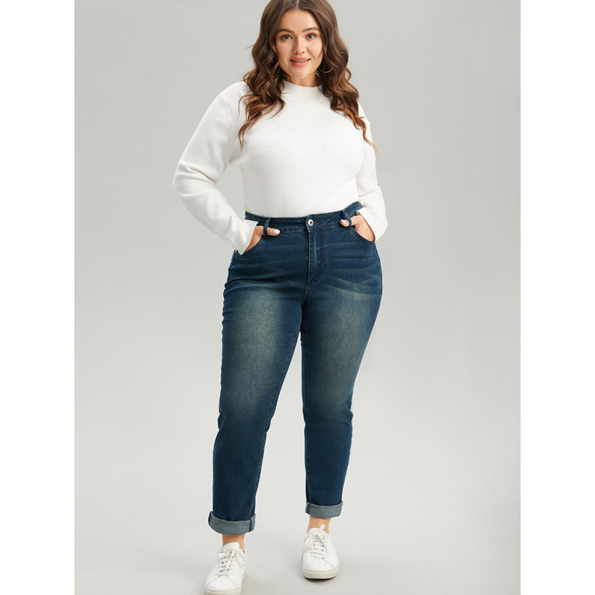 Plus Size Very Stretchy Straight Leg Roll Hem Jeans Women Aegean Casual Plain Plain High stretch Pocket Jeans BloomChic 12/L Product Image
