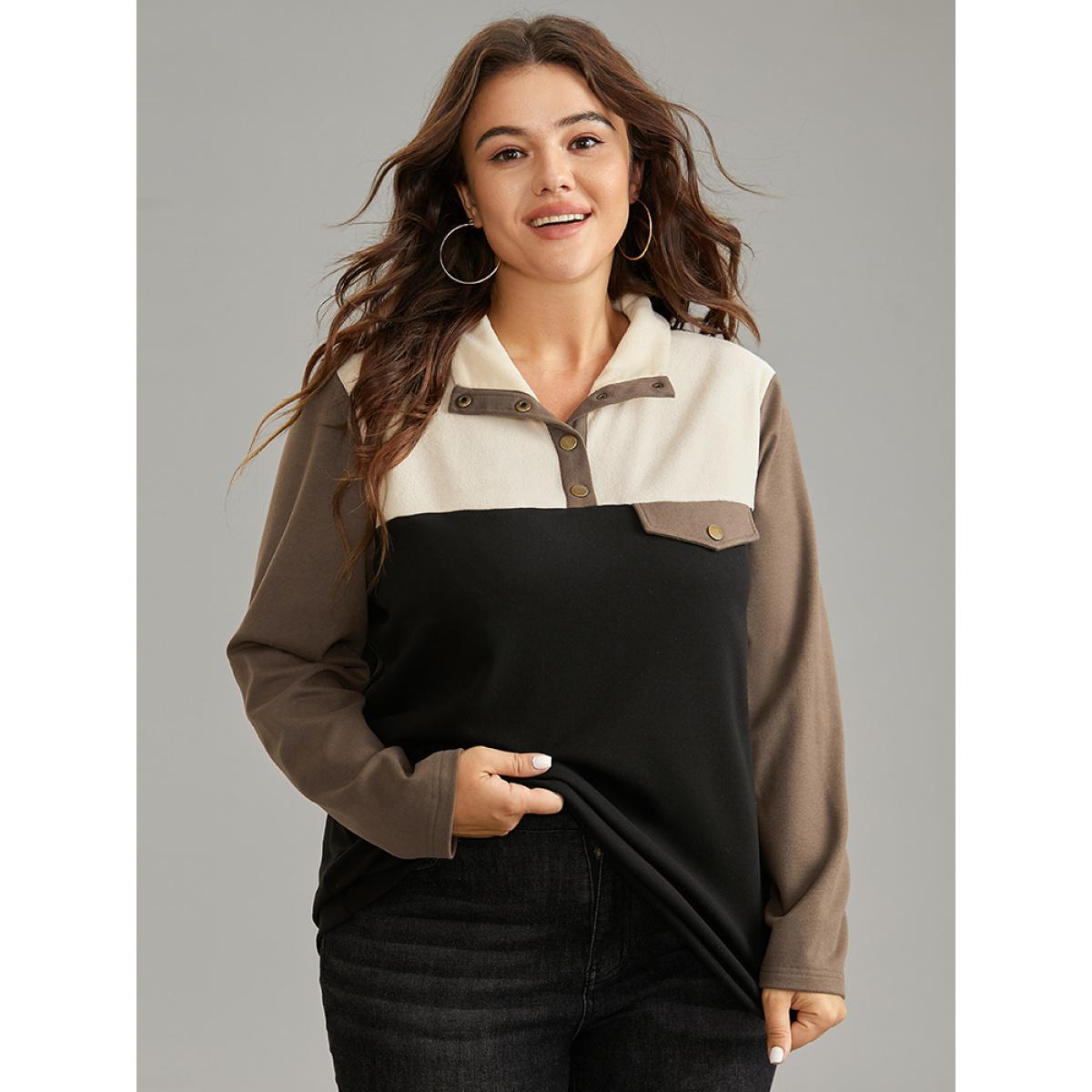 Plus Size Contrast Patchwork Button Up Flap Detail Sweatshirt Women Black Casual Contrast Lapel Collar Dailywear Sweatshirts BloomChic 14-16/1X Product Image