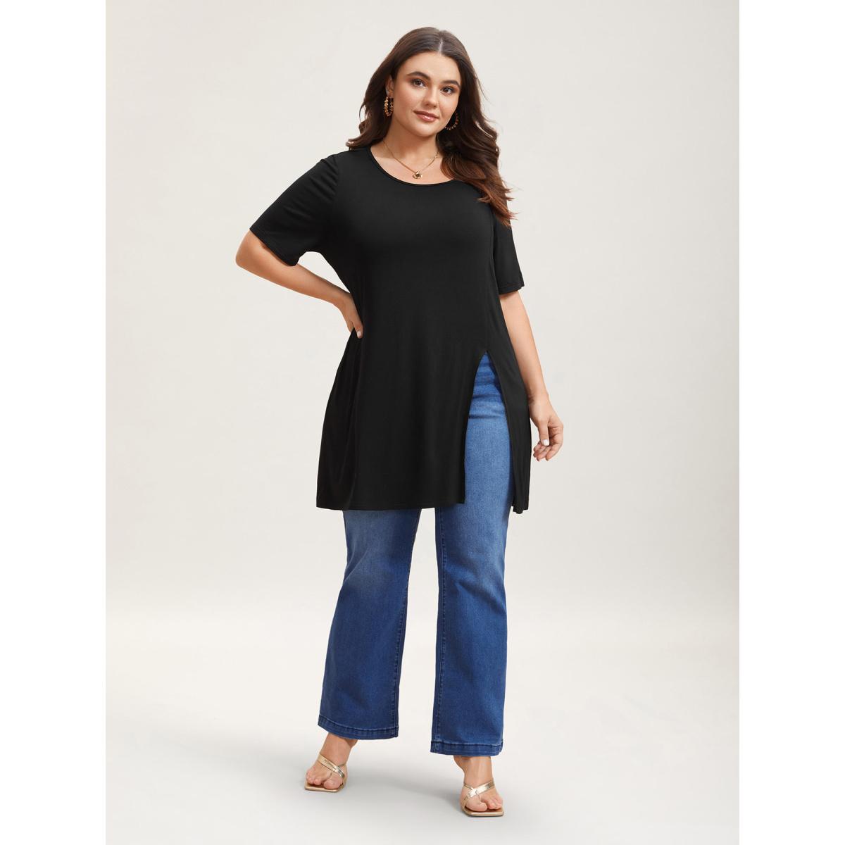 Plus Size Side-Split Plain Round Neck T-Shirt Black Women Casual Slit Non Loose Everyday T-shirts BloomChic 14-16/1X Product Image