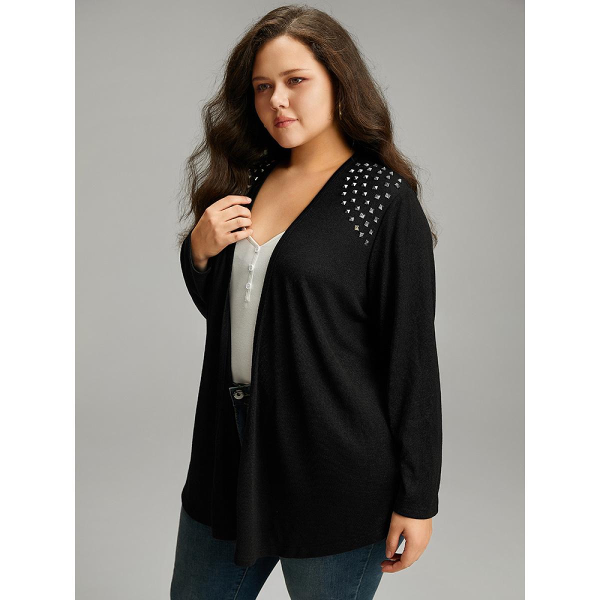 Plus Size Plain Rivets Detail Open Front Asymmetrical Hem Kimono Women Black Work From Home Texture Work Kimonos BloomChic 12/L Product Image
