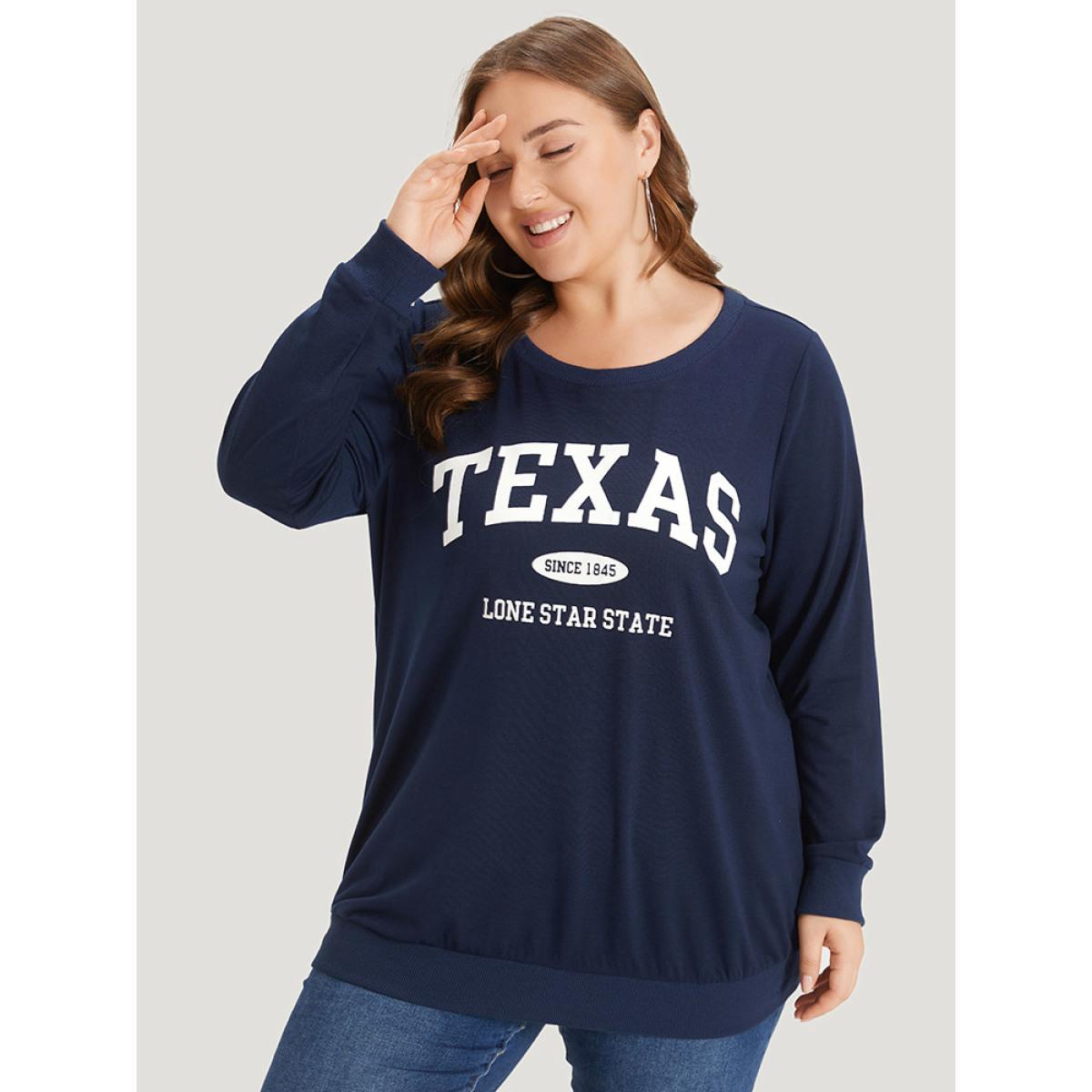 Plus Size Letter Print Crew Neck Elastic Cuffs Sweatshirt Women Indigo Casual Elastic cuffs Dailywear Sweatshirts BloomChic 26/4X Product Image