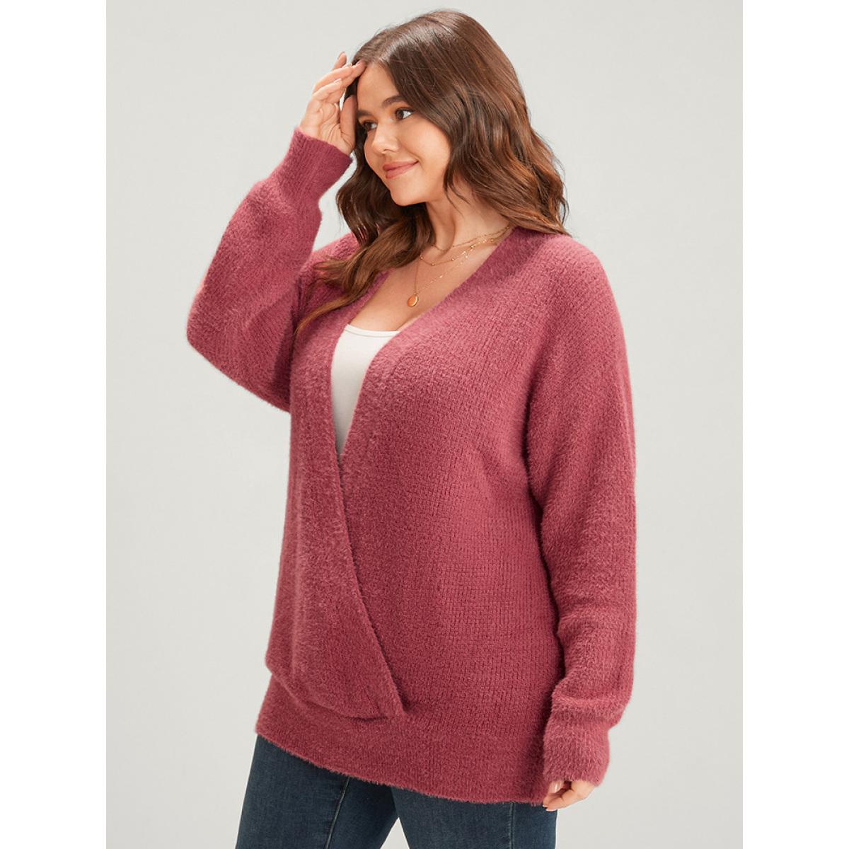 Plus Size Solid Pointelle Knit Surplice Neck Fluffy Knit Top Rust Women Casual Loose Long Sleeve Deep V-neck Dailywear Pullovers BloomChic 10/M Product Image