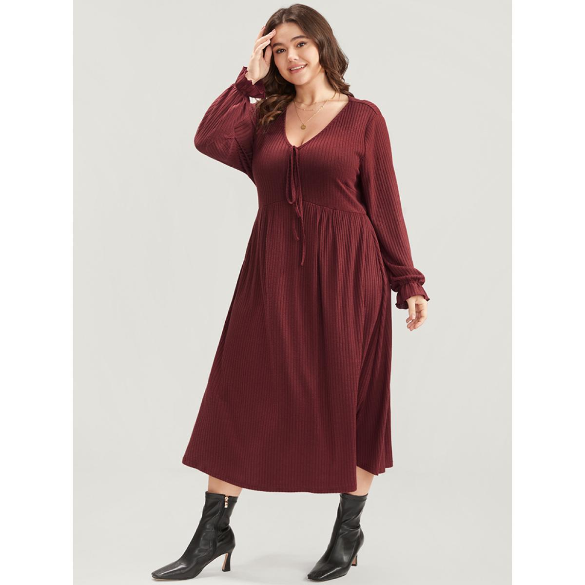 Plus Size Solid Lantern Sleeve Tie Neck Pocket Rib Knit Dress Burgundy Women Casual Pocket V-neck Long Sleeve Curvy Midi Dress BloomChic 28/5X Product Image