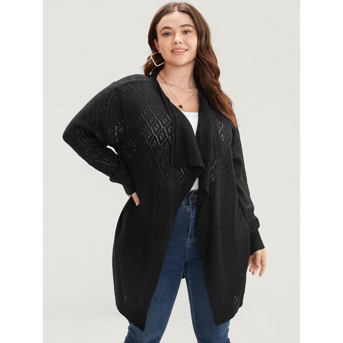 Plus Size Plain Pointelle Knit Argyle Eyelet Asymmetrical Open Front Cardigan Black Women Casual Loose Long Sleeve Dailywear Cardigans BloomChic 10/M Product Image