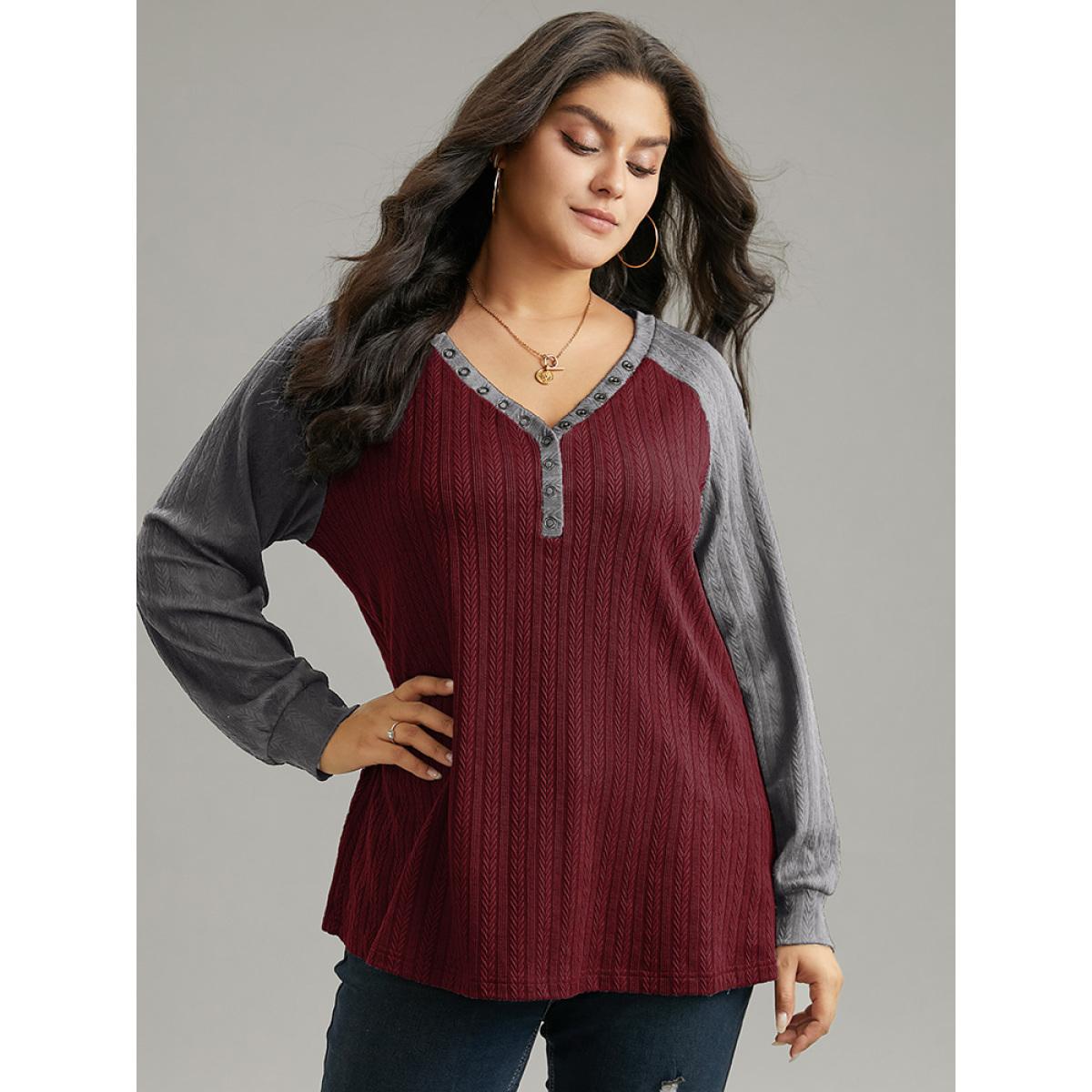 Plus Size Textured Contrast Button Detail Raglan Sleeve Sweatshirt Women Burgundy Casual Texture V-neck Dailywear Sweatshirts BloomChic 22-24/3X Product Image