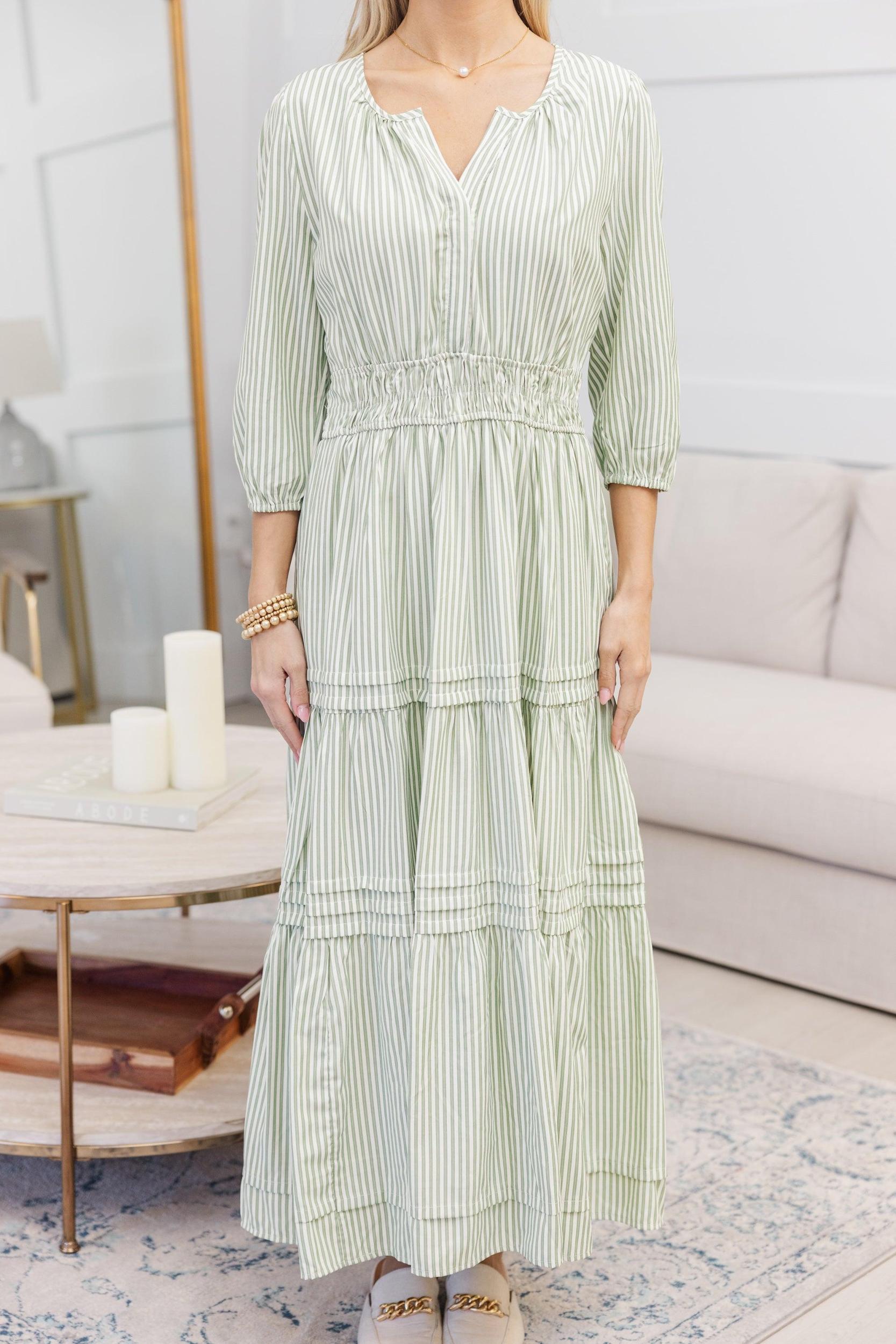 NURSING COLLECTION: It's In The Air Olive Green Striped Tiered Midi Dress Female Product Image