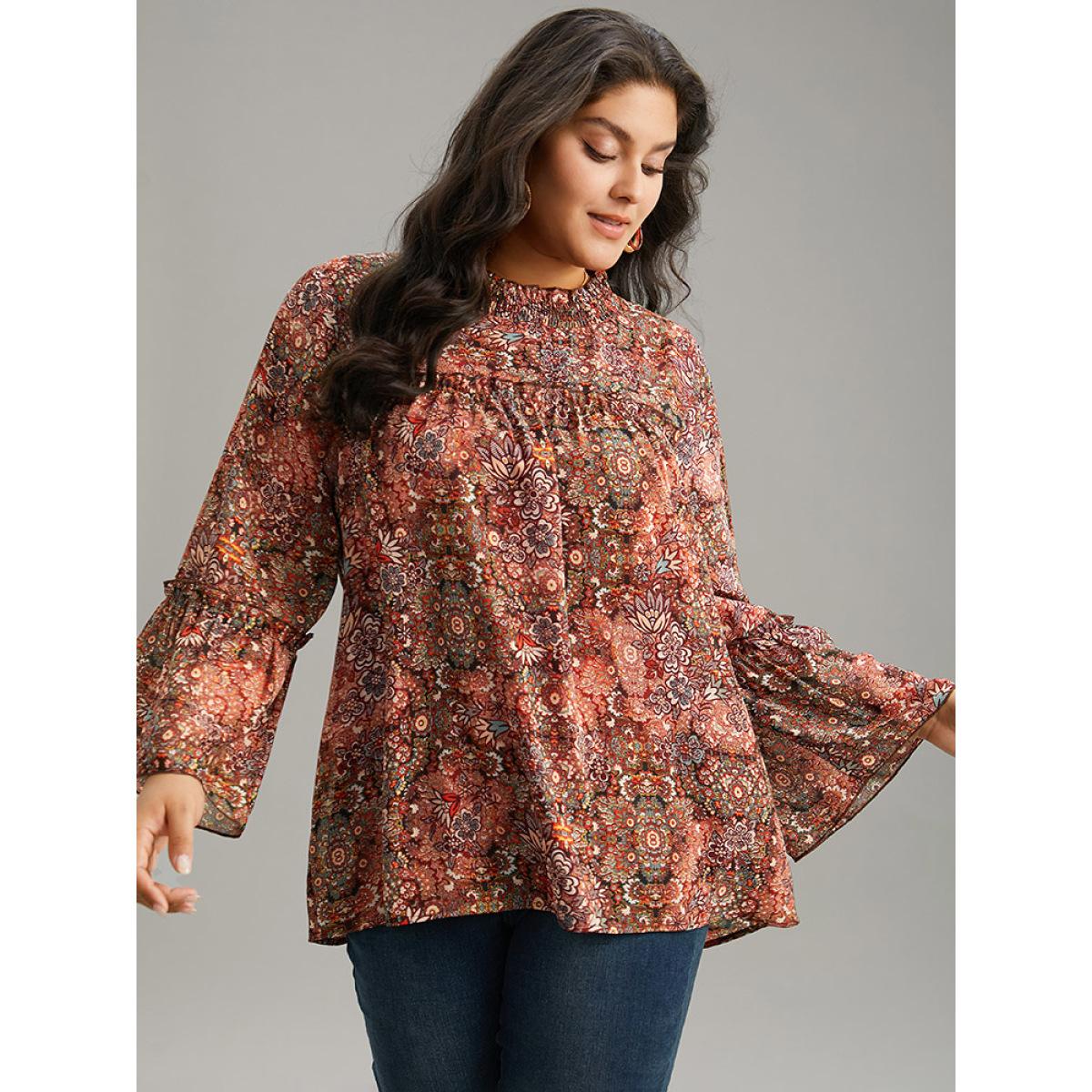 Plus Size Scarlet Bandana Print Mesh Frill Trim Blouse Women Elegant Long Sleeve Round Neck Vacation Blouses BloomChic 14-16/1X Product Image