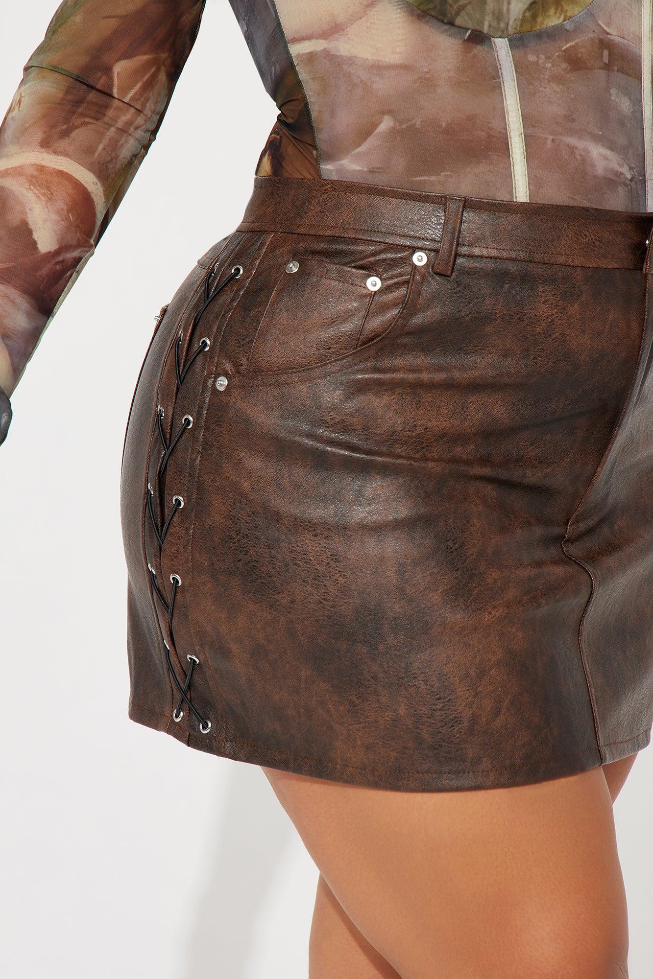 Leticia Washed Faux Leather Mini Skirt - Brown Product Image