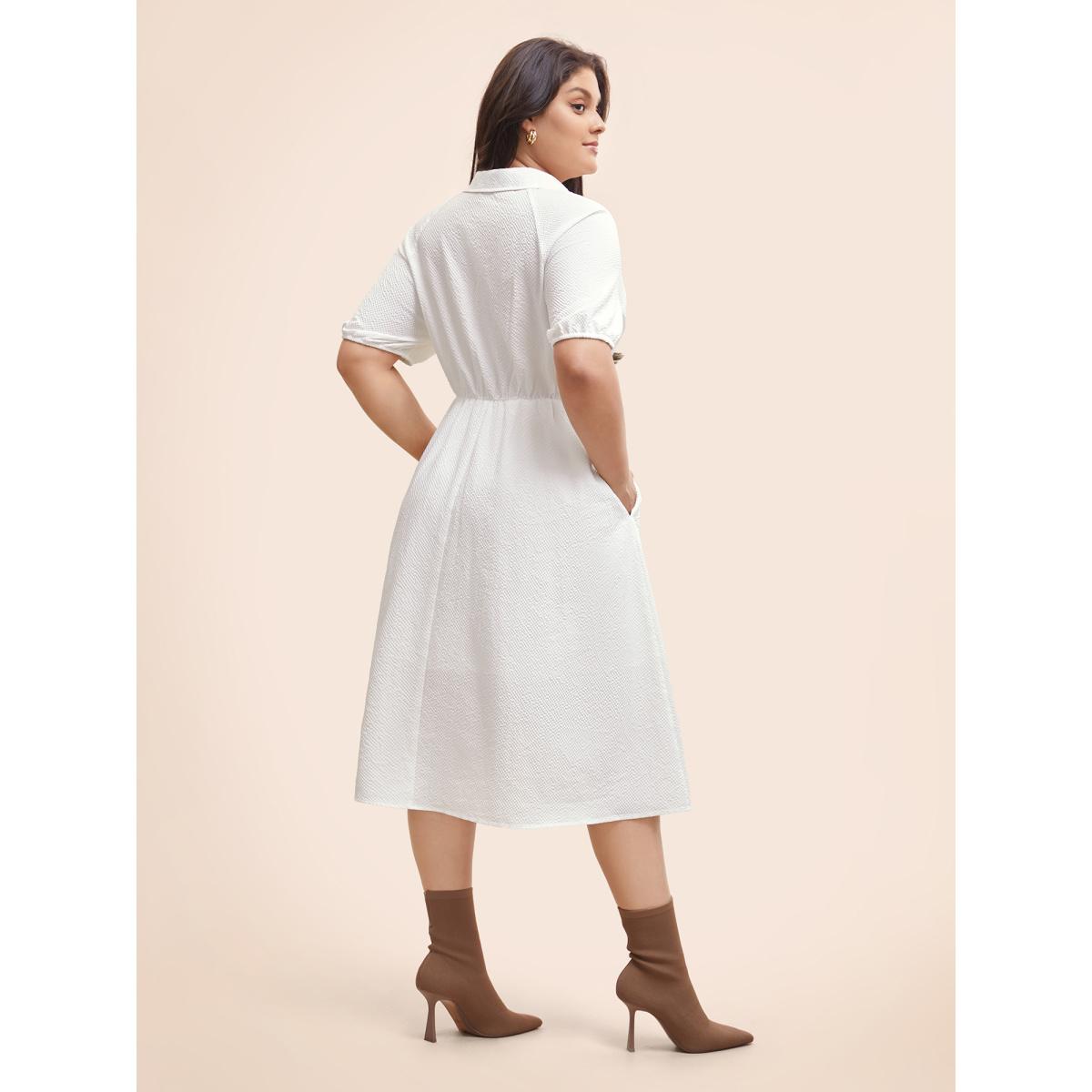Plus Size Texture Shirt Collar Button Detail Split Front Dress Ivory Women At the Office Texture Shirt collar Half Sleeve Curvy BloomChic 28/5X Product Image