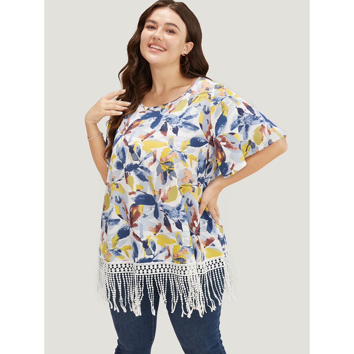 Plus Size Stone Plant Print Ruffle Sleeve Lace Fringe Hem Blouse Women Elegant Short sleeve Round Neck Dailywear Blouses BloomChic 14-16/1X Product Image