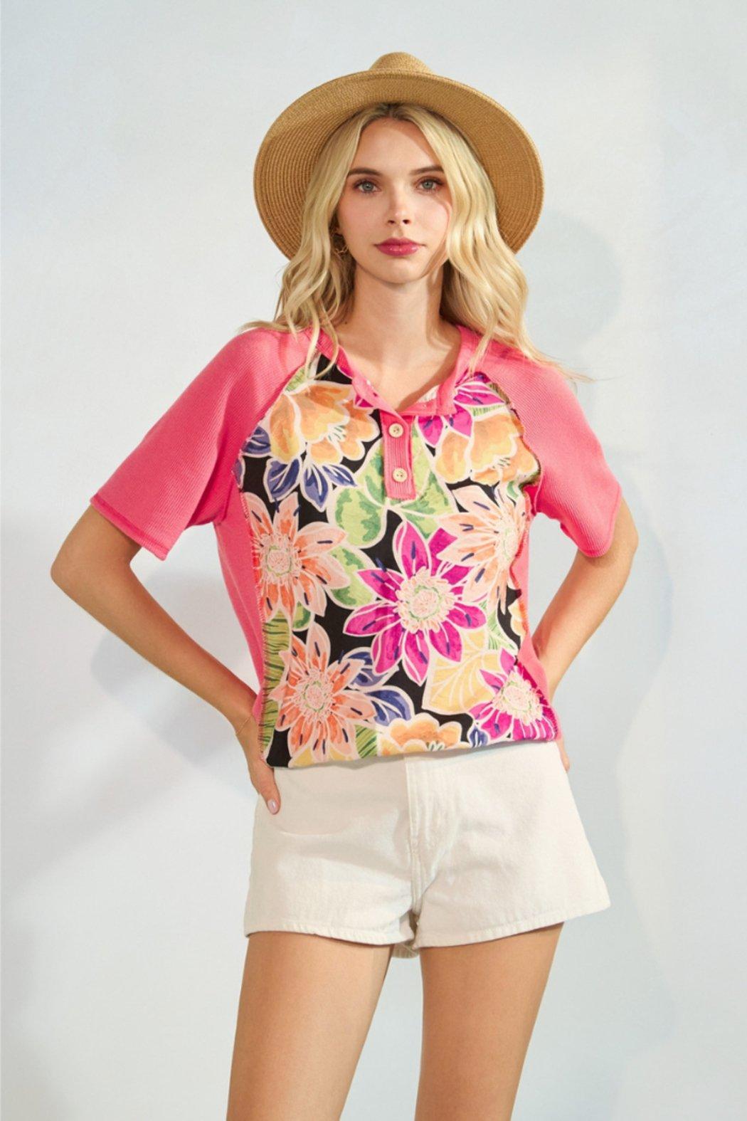 Floral Knit Button Front Short Sleeve Top Product Image
